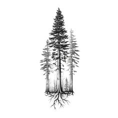 a black and white drawing of trees with roots