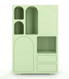 the back side of a green cabinet with shelves on each side and two doors open