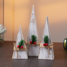 three white wooden christmas trees with red berries and pine cones tied to them on a table