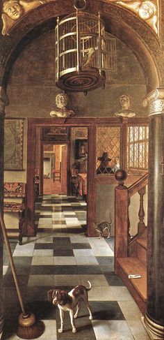 a painting of a hallway with a dog on the floor and a birdcage hanging from the ceiling