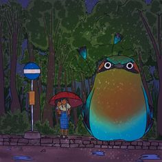 a woman holding an umbrella standing next to a blue bird in the rain with trees behind her