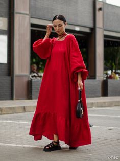 Linen maxi dress "Aurora" in red! A boho dress with puff sleeves and open back looks very luxurious and romantic. You will definitely be noticed when wearing this oversized dress. DETAILS * Maxi length * Long puff sleeve * Square neck * Belt * Loose fit * Perfect for summer, autumn, spring! MATERIAL * Made from certified 100 % all-natural premium European linen! COLOUR OPTIONS * The color of the product - red You can also choose other color: Available in 204 colors! SIZE * From XS to Plus size * Dress length - 135 cm, sleeve length - 67 cm, bust - 126 cm Individual sewing in your size! Long Sleeve Maxi Dress Plus Size, Oversized Red Bohemian Dress, Red Dress Evening, Linen Dresses Elegant, Dress Bow Back, Red Summer Dress, Linen Loose Dress, Linen Dresses Summer, Red Linen Dress