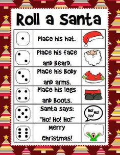 a christmas themed roll a santa game with words and pictures on the front, along with an image of santa's face