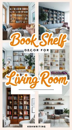 the book shelf decor for living room is shown in orange and white, with bookshelves