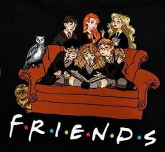 a group of people sitting on top of a red couch next to an owl and cat