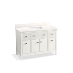 a white bathroom vanity with drawers and a sink in it's side view on a white background