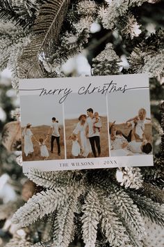 a christmas card hanging from the top of a tree