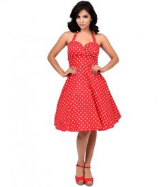 For dot driven dames! A 50s inspired rockabilly frock in a sturdy cotton blend with a dash of stretch, complete in a ret...Price - $52.00-tWvbCsAA Red Halter Dress, White A Line Dress, Mid Century Fashion, Red Polka Dot Dress, White Halter Top