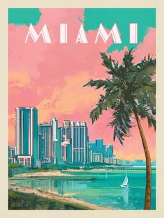 a painting of a palm tree in front of a cityscape that reads miami