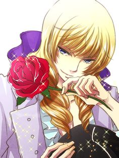 a girl with long blonde hair holding a rose