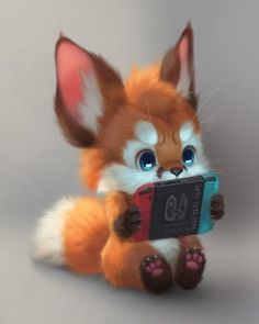 a small stuffed fox holding an electronic device in it's paws and looking at the camera