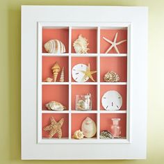 a white frame with shells and starfish in it on the wall above a shelf