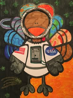 a painting of a turkey with nasa patches on it's chest and head in the center