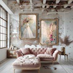 a living room with two paintings on the wall and a couch in front of it