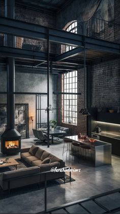 an industrial living room with exposed brick walls and steel beams on the ceiling is lit by a fire place