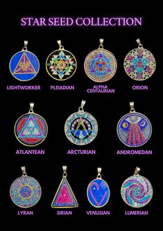 the star seed collection pendants are all different colors and designs, with their names on them