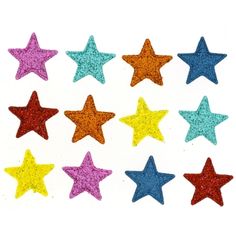 six star shaped glitter stickers in different colors