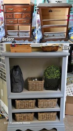 before and after photos of an old dresser with baskets on top, then the bottom shelf