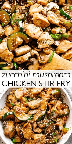 chicken stir fry with mushrooms and green peppers in a white bowl