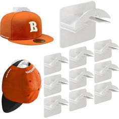 the baseball cap and hat holder are all in different shapes, sizes, and colors