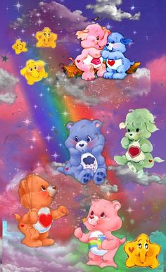 a group of teddy bears sitting on top of a rainbow filled sky with stars and clouds