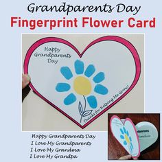 the grandparents day fingerprint flower card is in front of a blue and white heart