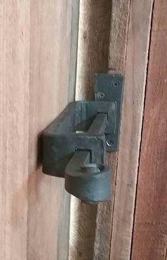 a close up of a door handle on a wooden door