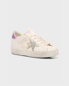 "Find GOLDEN GOOSE DELUXE BRAND Superstar Leather Glitter Low-top Sneakers on Editorialist. Golden Goose lowtop sneakers in matte and metallic leather with pearly stud and glitter trim. Signature contrast star at side. 1\" flat heel. Round toe. Laceup vamp. Logo at tongue. Cushioned footbed. Breathable leather/cotton lining. Signature stained rubber outsole. Made in Italy." Zapatillas Veja, Golden Goose Sneakers Outfit, Golden Goose Superstar, Preppy Shoes, Pretty Shoes Sneakers, Cute Sneakers, Golden Goose Sneakers, Hype Shoes, Shoe Inspo