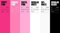 four different colors of paper with black and white text on the bottom one is pink