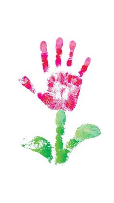 a pink flower with green leaves on it is shown in the shape of a hand print