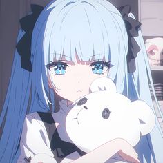 a girl with blue hair holding a white teddy bear