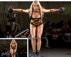 a woman doing squats with dumbbells in front of her and on the other side