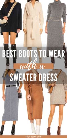 Best Shoes For Sweater Dress, Shoes For Long Sweater Dress, Shoes To Wear With Knit Dress, Winter Boots For Dresses, Sweater Dress And Chelsea Boots, Sweater Dresses With Boots Ankle Booties, How To Style Ankle Boots Dresses, Short Fall Dresses With Boots, Mid Length Dress With Boots