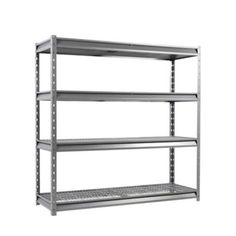 an industrial shelving unit with four shelves and one shelf on the bottom level,