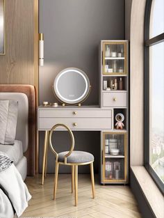 Trendy dressing table design with long side wall cabinets on side and two drawers and chair design Dressing Table Ideas, Modern Dressing Table Designs, Dressing Table Decor, Bedroom Wallpaper, Table Bedroom, Table Designs, Room Deco