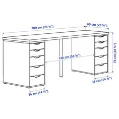 a drawing of a desk with drawers and measurements for the top drawer, side view