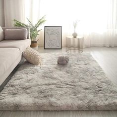 a living room with a couch, chair and rug on the floor in front of a window