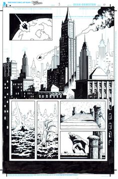 a black and white comic strip with an image of a city in the background, including skyscrapers