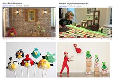 four different pictures with angry birds on them and one has an angry bird cake topper