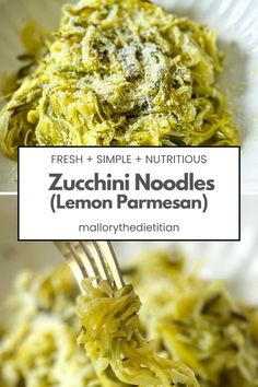 a white plate topped with zucchini noodles and parmesan cheese