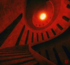 a spiral staircase with red light coming from it