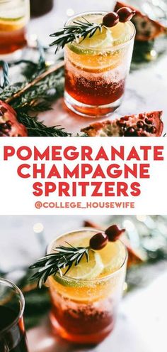 two shots with rosemary garnish in them and the text pomegranate champagne spritzers