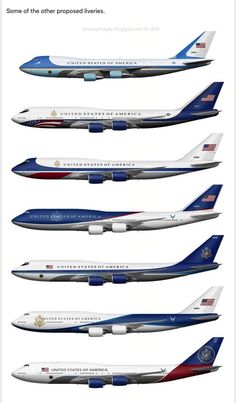 four different types of airplanes are shown in this image, each with the same color scheme