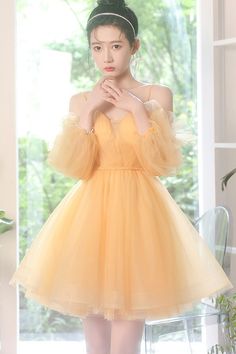 Sunshine Yellow A-line Yellow Short Party Dress Tulle Dresses, Prom Dresses Yellow, A Line Evening Dress, Yellow Short, Short Party Dress, Short Homecoming Dress, A Line Prom Dresses, Short Prom Dress, Pleated Bodice