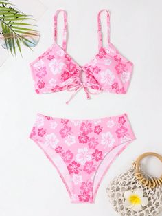 Rosa chiclete  Collar   Floral  Embellished Elasticidade Média Pretty Swimsuits, Preppy Inspiration, Cute Sleepwear, Trendy Swimsuits