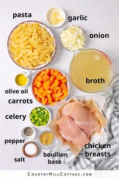 ingredients to make chicken broth laid out on a white table with text overlay