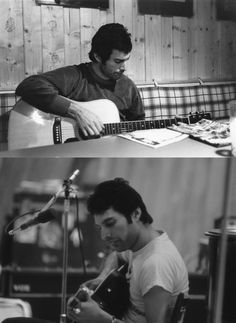 two pictures one with a man playing guitar and the other with a microphone