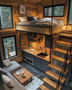 a loft bed is built into the side of a wooden building with stairs leading up to it