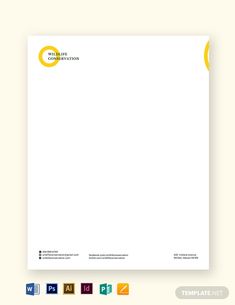 a white letterhead with yellow circles on the top and bottom, in front of an orange circle