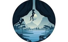 the silhouette of a person hanging on a rope in front of a lake and mountains